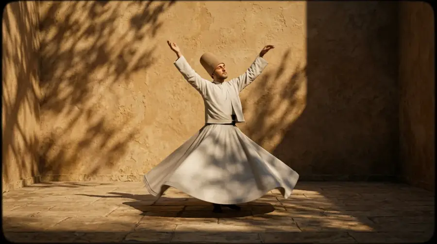 A Sufi whirling dervish turning on a sandstone floor in warm desert light